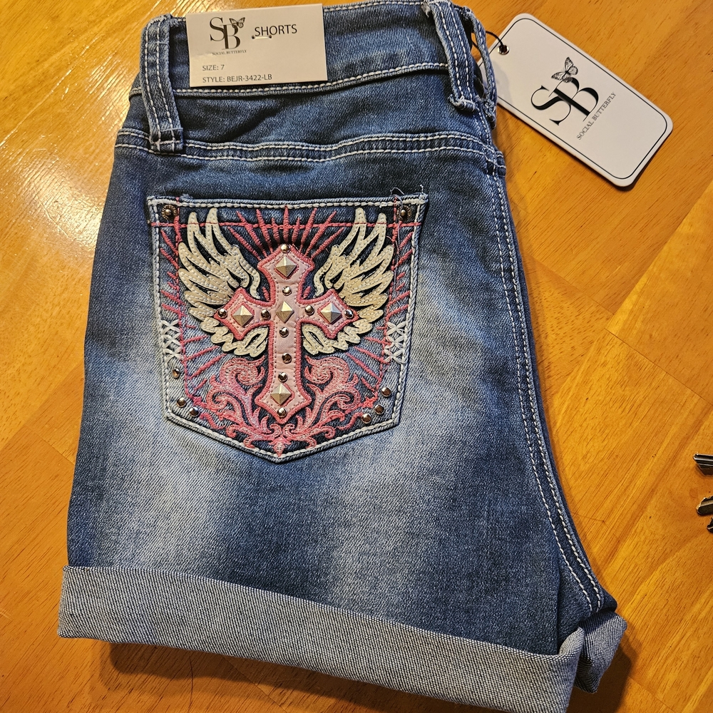 Social Butterflies Embroidered Pink Cross On Pockets💗 Blue Jean Shorts